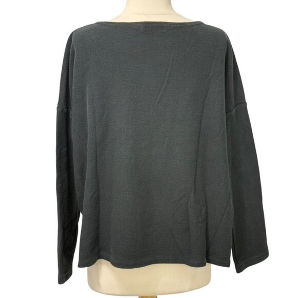ICHI Antiquites Black Long Sleeve Top Boxy Relaxed Modern Waffle Cotton Linen OS - Picture 6 of 11